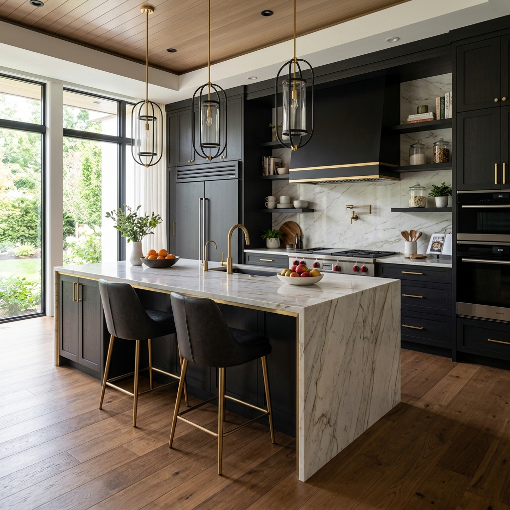 Luxury dark kitchen fully renovated with marble countertops